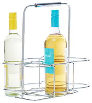 Flaschenträger aus Metall mit zwei Weinflaschen, seitliche Perspektive