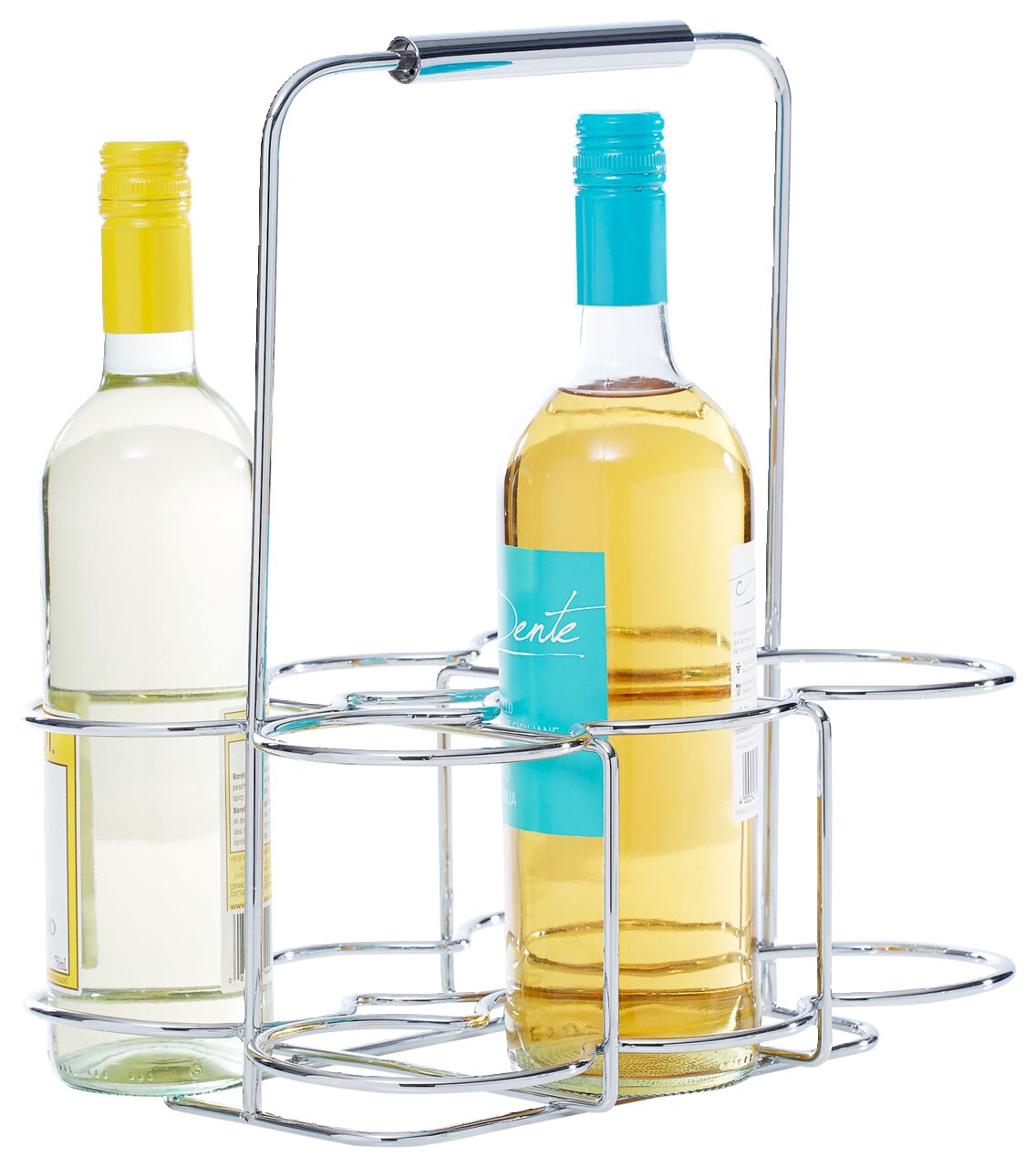 Flaschenträger aus Metall mit zwei Weinflaschen, seitliche Perspektive