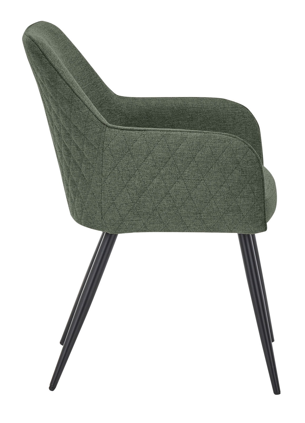 Seitenansicht eines grünen Armlehnstuhls mit schwarzen Metallbeinen.