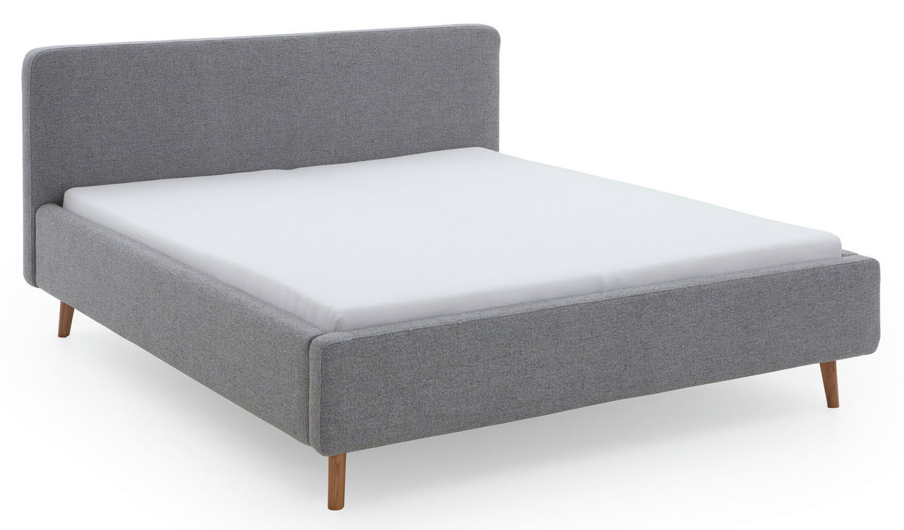 Graues Polsterbettgestell mit schlichtem Design und Holzfüßen, seitliche Perspektive