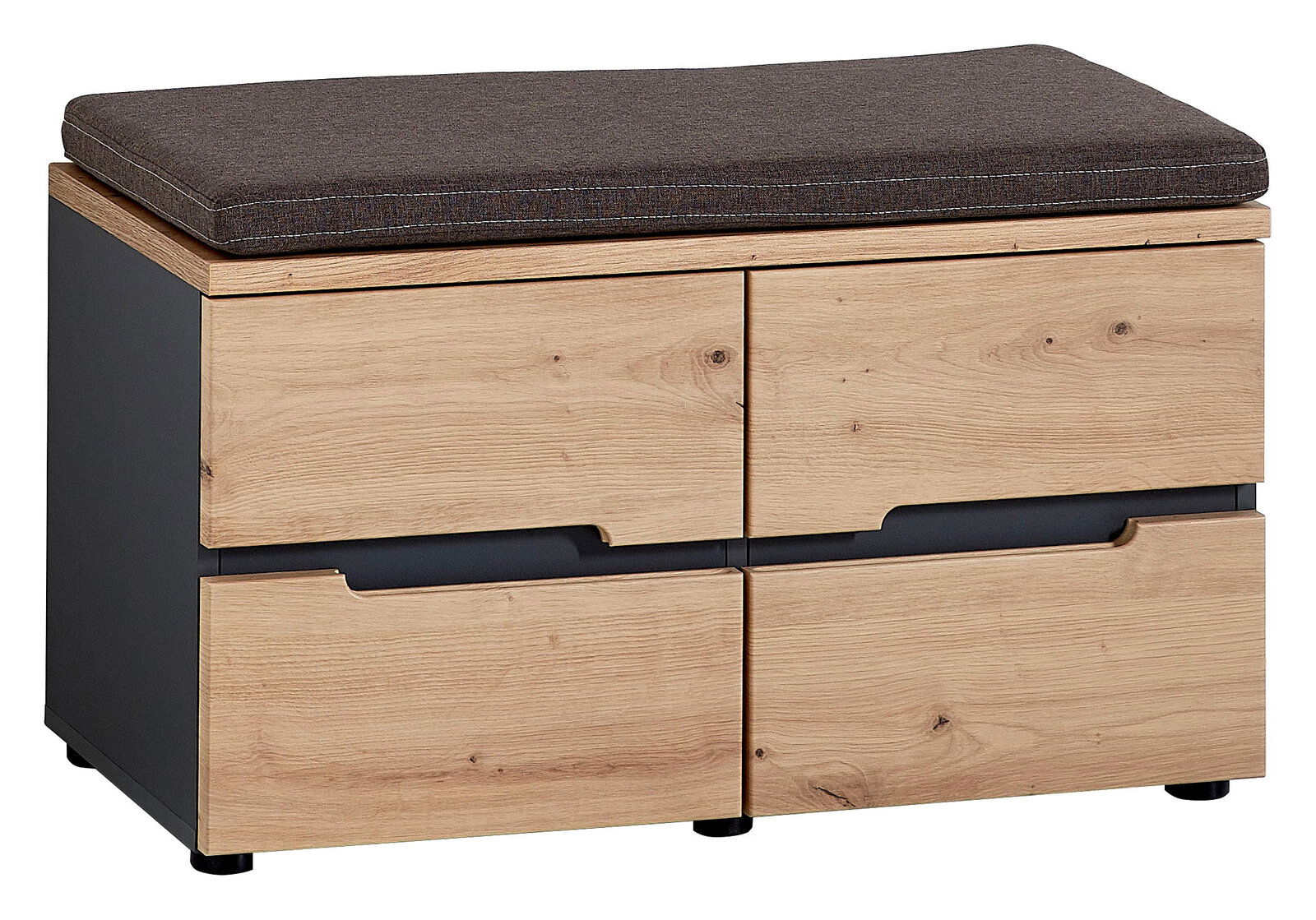 Voleo Garderobenbank DETROIT Garderobenbank mit Holzoptik und grauem Sitzkissen, Vorderansicht