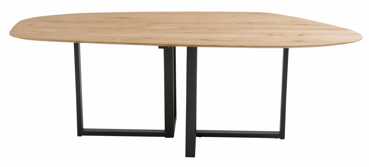 Moderner Esstisch mit organisch geformter Holzplatte und schwarzen Metallbeinen, seitliche Perspektive.