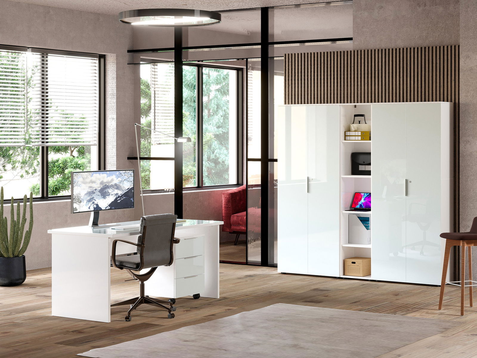 Moderner Büroraum mit weißem Schreibtisch, ergonomischem Stuhl und hohem Aktenschrank, seitliche Perspektive