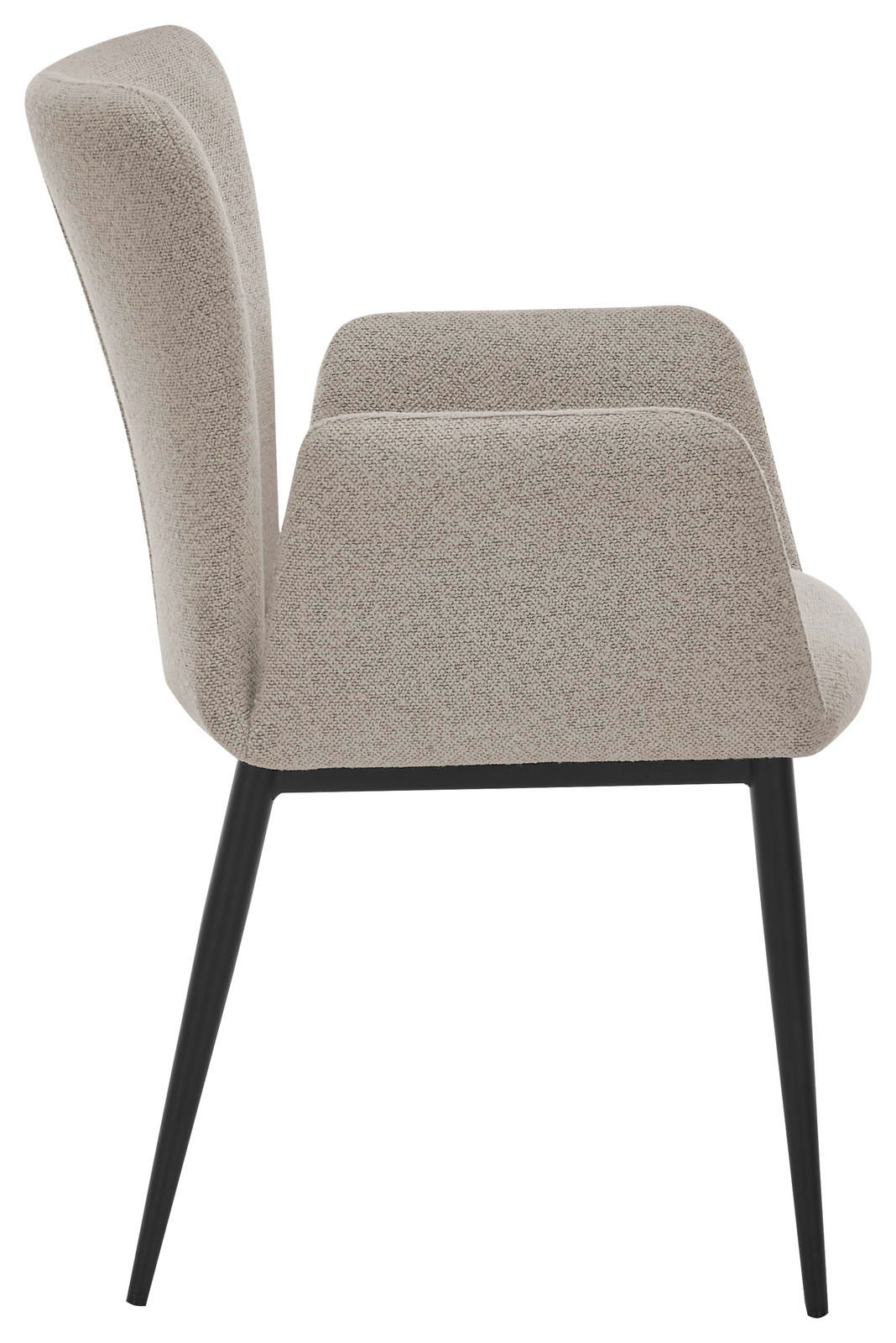 Seitenansicht eines modernen Armlehnstuhls mit hellgrauem Stoffbezug und schwarzen Metallbeinen.