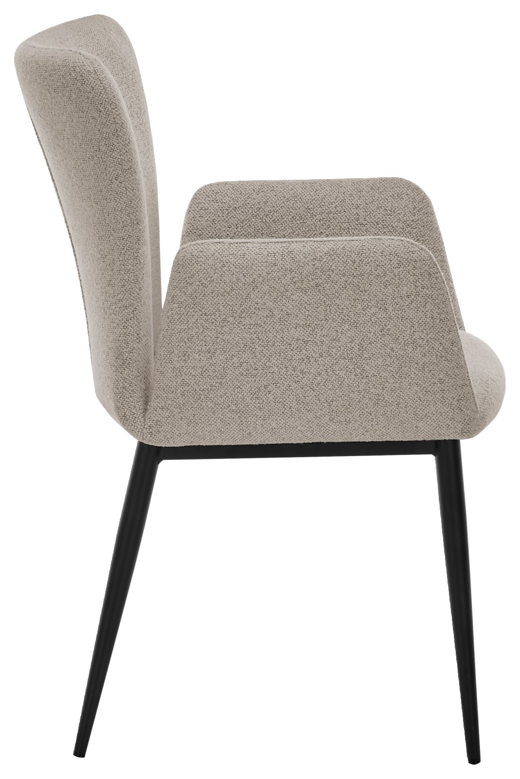 Zijaanzicht van een moderne fauteuil met een lichtgrijze stoffen bekleding en zwarte metalen poten.