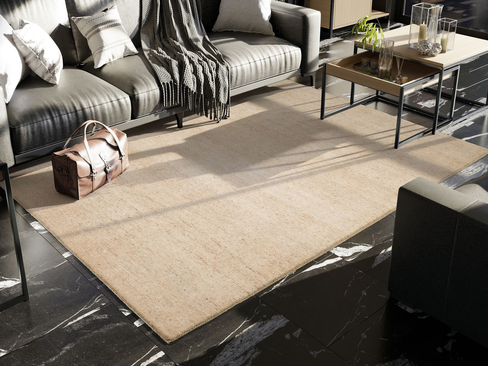 Beige Wollteppich in einem modernen Wohnzimmer, fotografiert aus der Vogelperspektive, mit einem Ledersofa, einem Couchtisch und einer Reisetasche.
