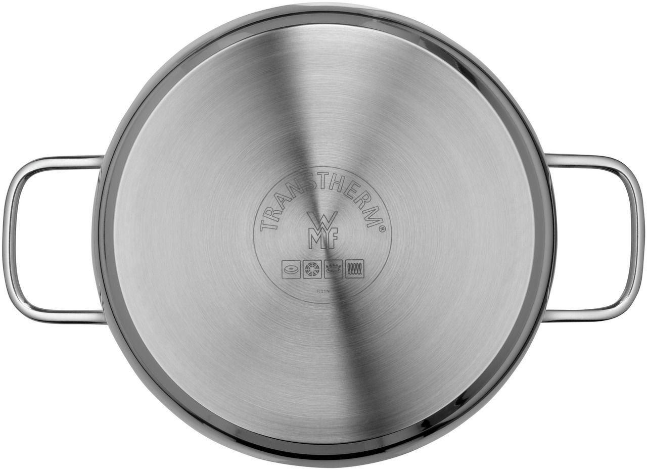 Topfansicht eines Edelstahlkochtopfs mit zwei Griffen und dem WMF-Logo auf der Unterseite.