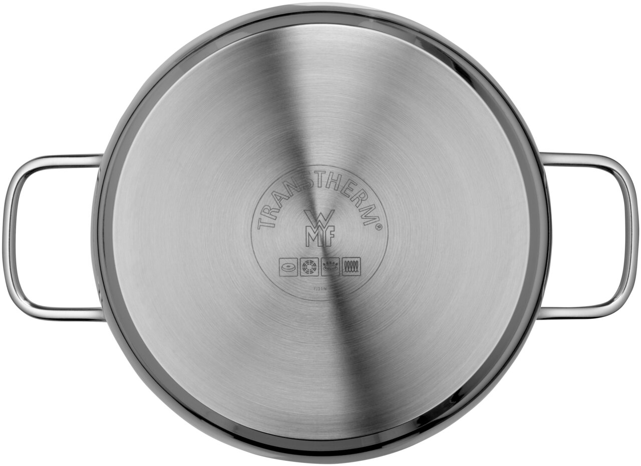 Topfansicht eines Edelstahlkochtopfs mit zwei Griffen und dem WMF-Logo auf der Unterseite.
