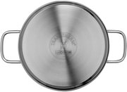 Topfansicht eines Edelstahlkochtopfs mit zwei Griffen und dem WMF-Logo auf der Unterseite.