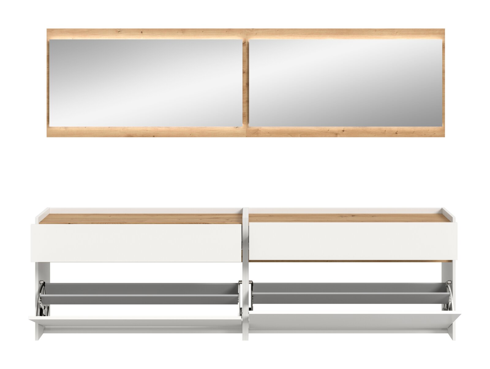 Modernes weißes Sideboard/TV-Lowboard mit Holzablage, zwei Schubladen und zwei Spiegeln darüber, Frontansicht.
