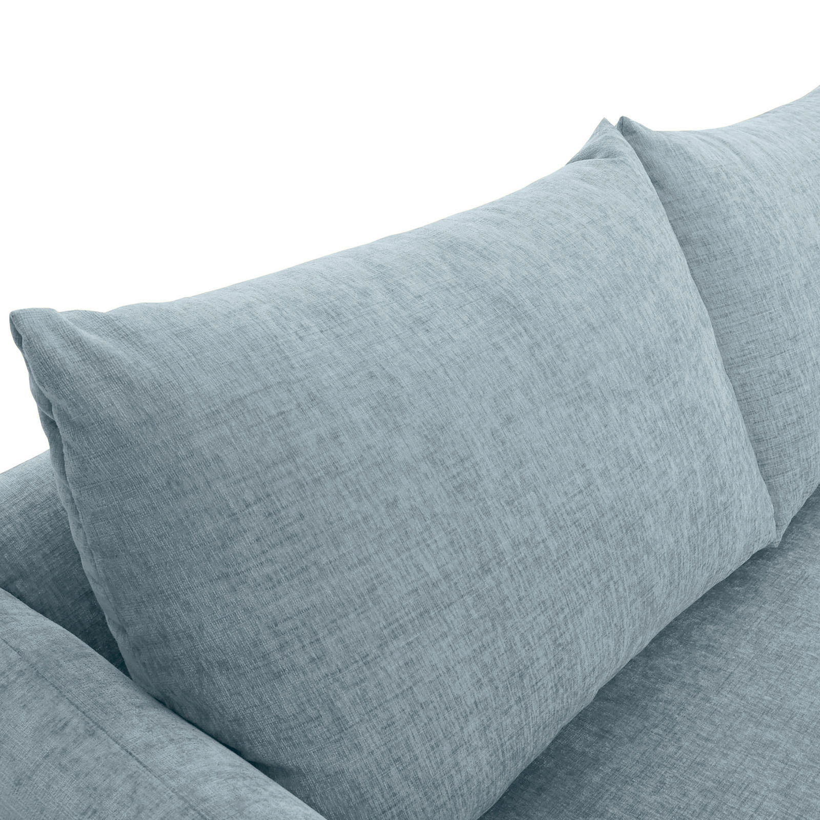 Nahaufnahme eines hellblauen Sofas mit weichen Kissen, Perspektive von oben.