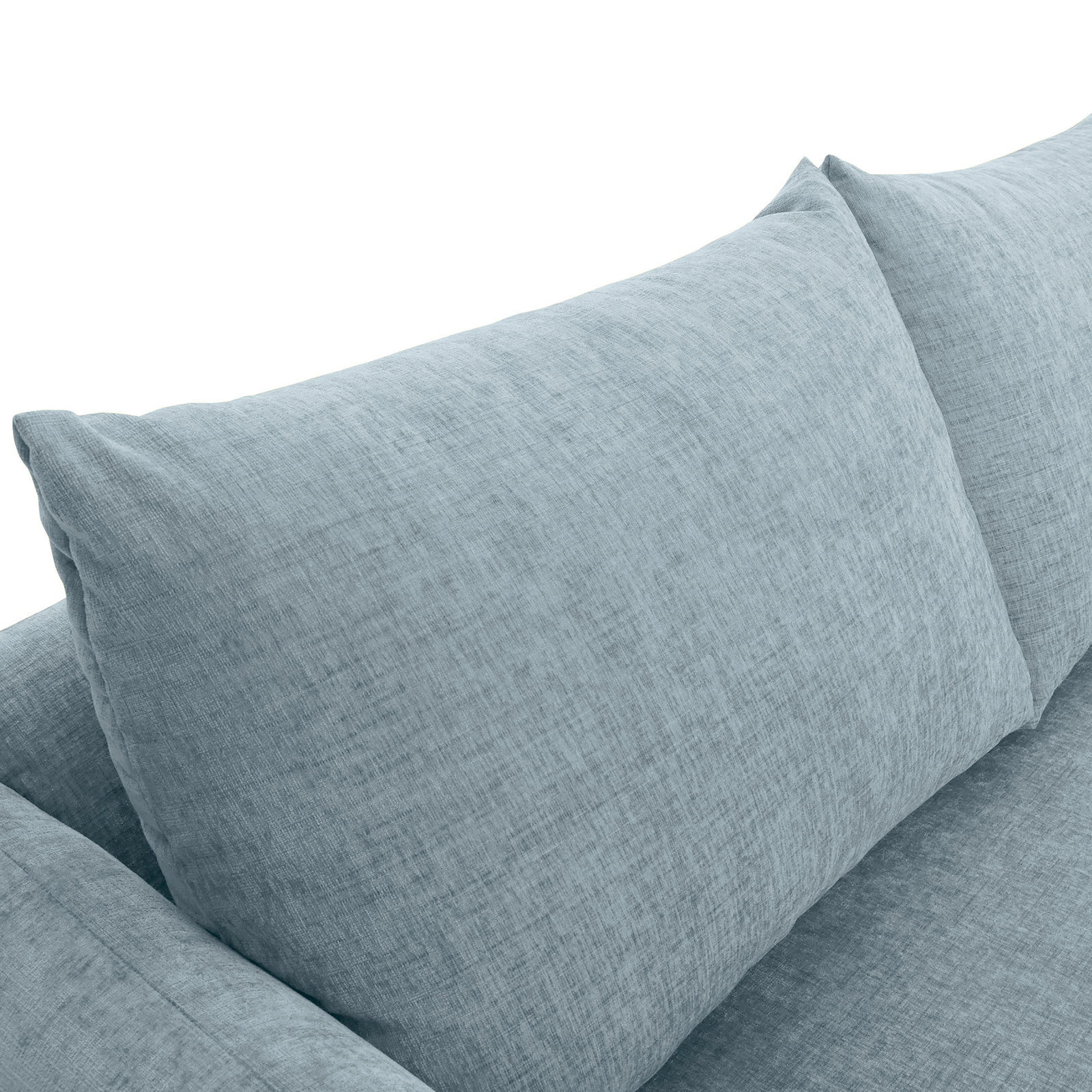 Nahaufnahme eines hellblauen Sofas mit weichen Kissen, Perspektive von oben.