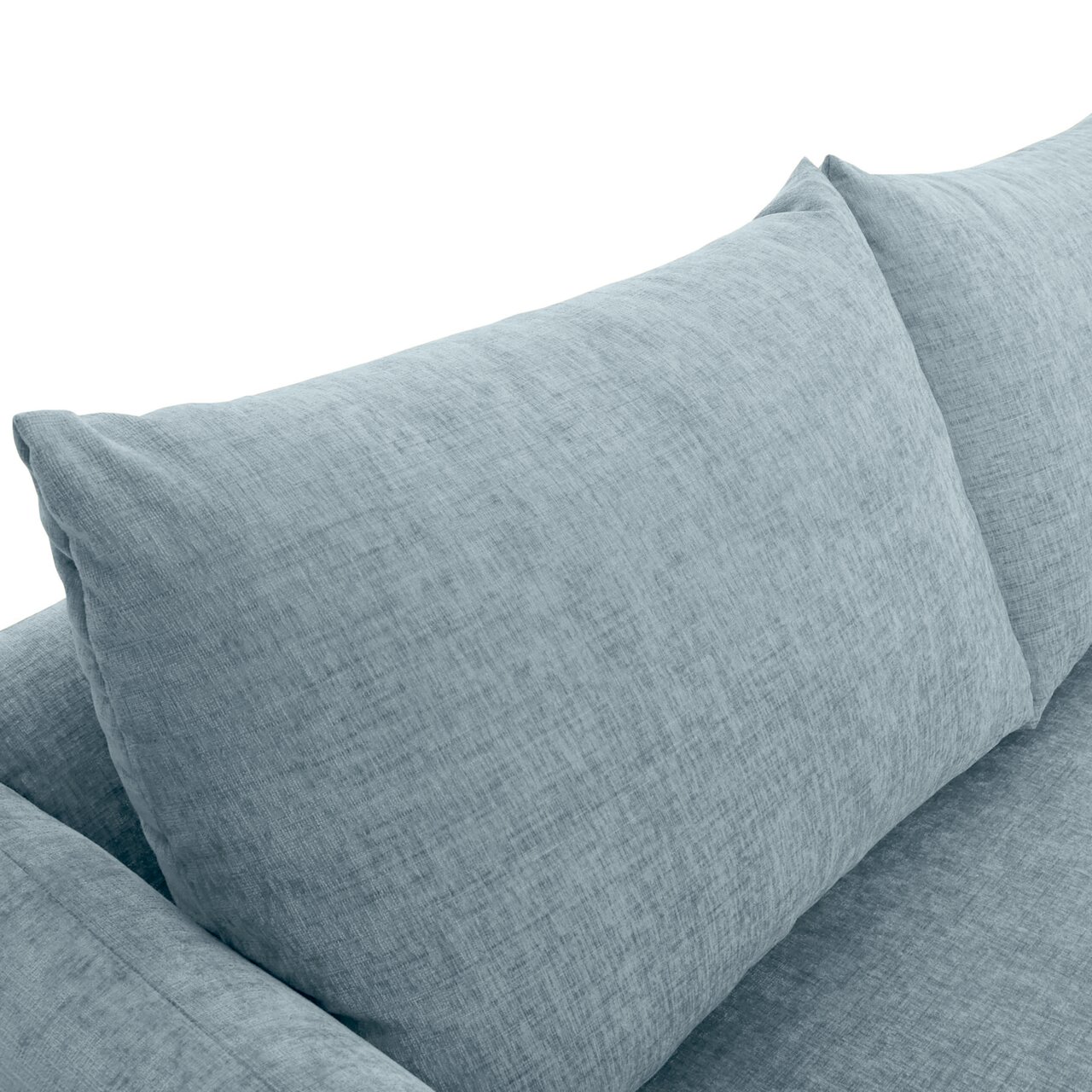 Nahaufnahme eines hellblauen Sofas mit weichen Kissen, Perspektive von oben.