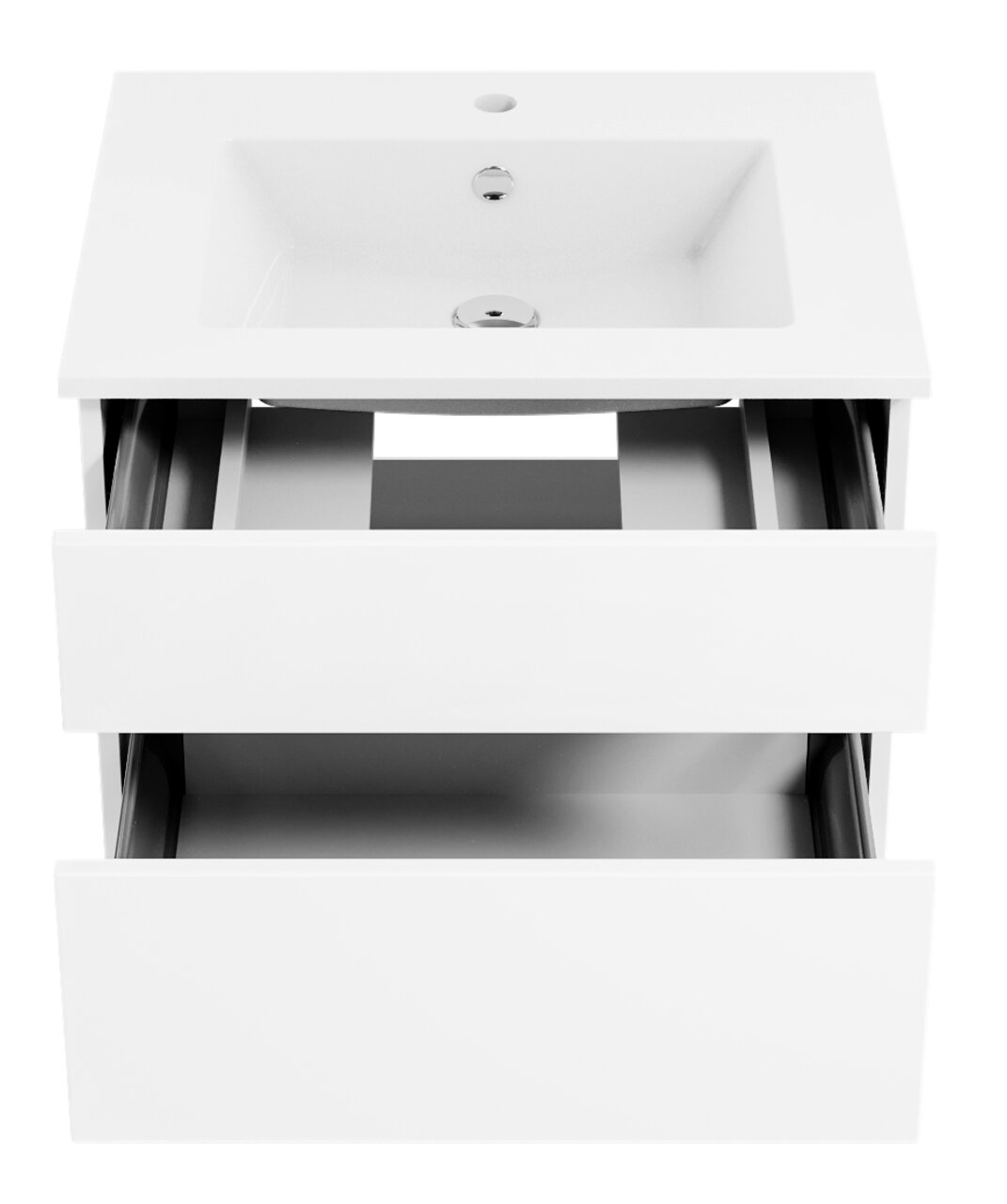 Witte badkamermeubelcombinatie met twee open lades en een ingebouwde wastafel, gezien van bovenaf.