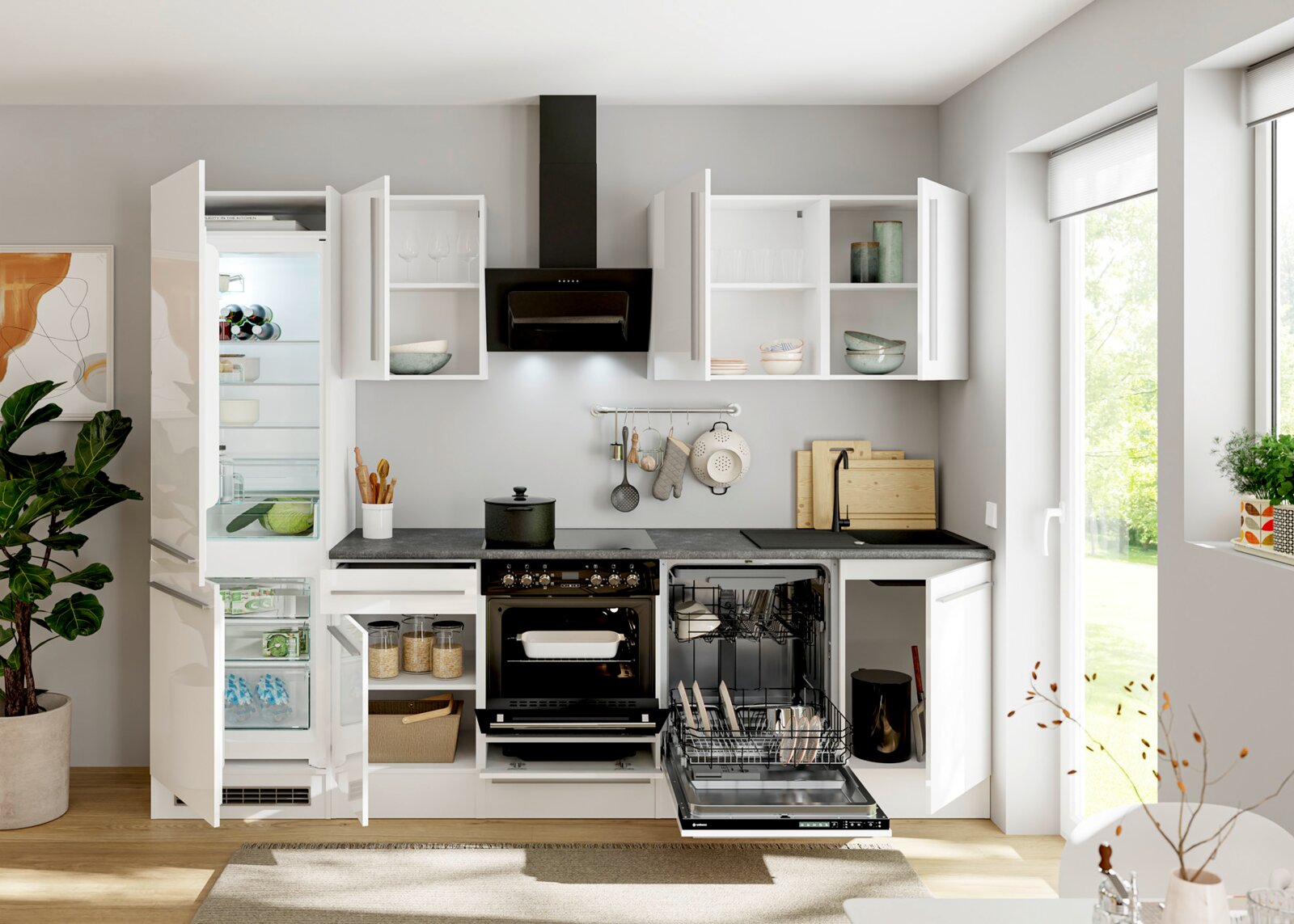 Moderne weiße Einbauküche mit geöffnetem Kühlschrank, Backofen und Geschirrspüler, schwarzer Dunstabzugshaube und grauer Arbeitsplatte, frontale Perspektive
