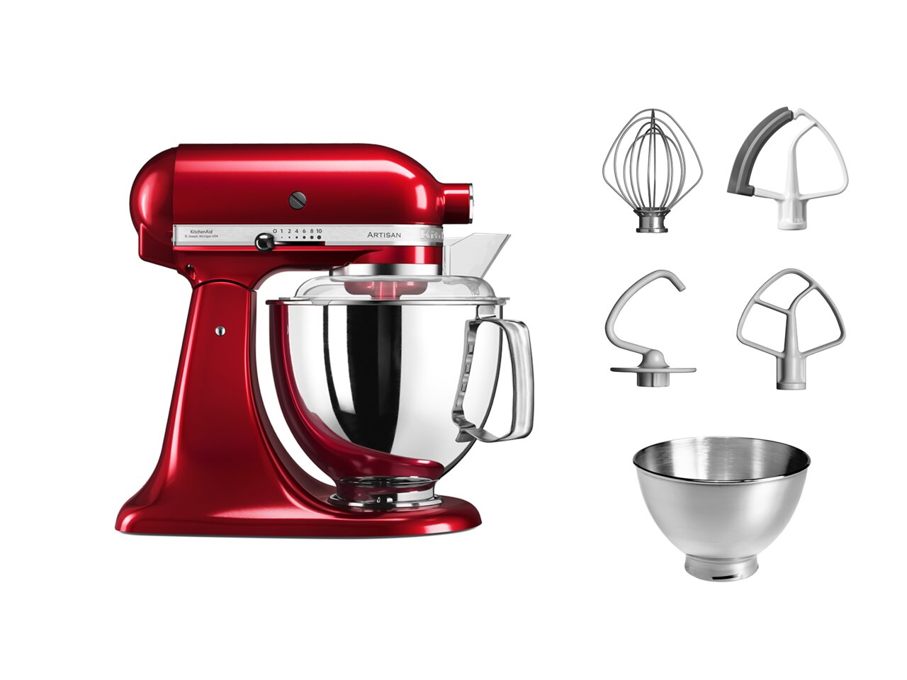 KitchenAid Küchenmaschine Liebesapfel ARTISAN Rote Küchenmaschine Liebesapfel mit Zubehör, seitliche Ansicht