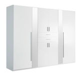 Moderner weißer Drehtürenschrank mit sechs Türen und zwei Schubladen, Frontalansicht