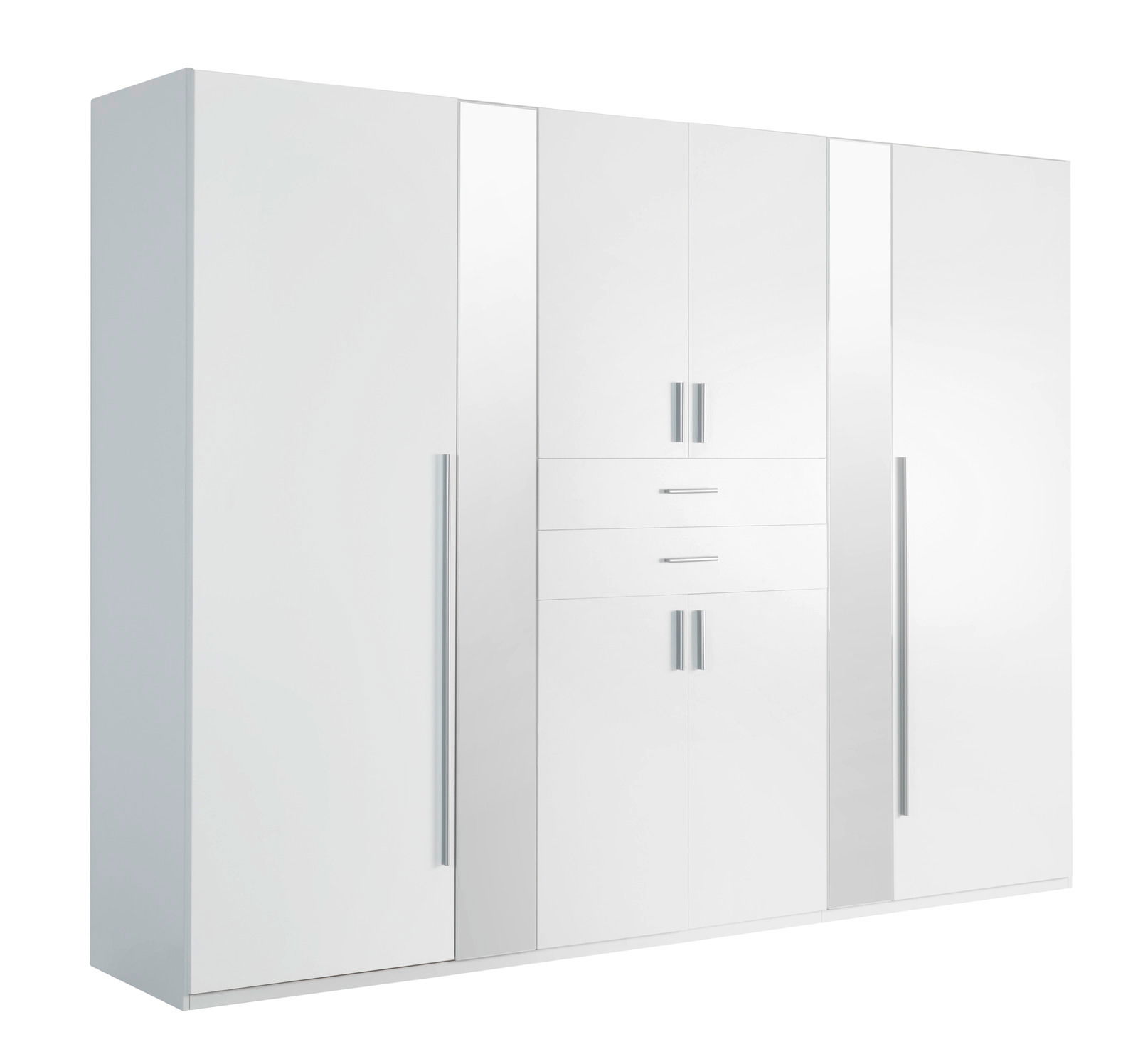 Z2 Drehtürenschrank 6 trg. VANEA Moderner weißer Drehtürenschrank mit sechs Türen und zwei Schubladen, Frontalansicht
