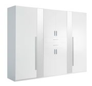 Moderner weißer Drehtürenschrank mit sechs Türen und zwei Schubladen, Frontalansicht