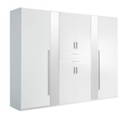 Moderner weißer Drehtürenschrank mit sechs Türen und zwei Schubladen, Frontalansicht