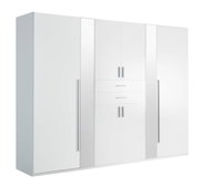 Moderner weißer Drehtürenschrank mit sechs Türen und zwei Schubladen, Frontalansicht