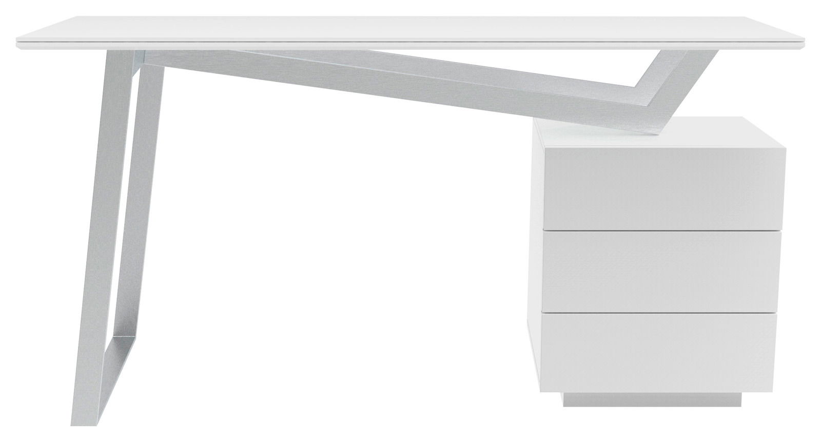 Moderner weißer Schreibtisch mit schrägem Metallgestell und drei Schubladen, Seitenansicht.