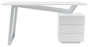 Moderner weißer Schreibtisch mit schrägem Metallgestell und drei Schubladen, Seitenansicht.