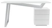 Moderner weißer Schreibtisch mit schrägem Metallgestell und drei Schubladen, Seitenansicht.