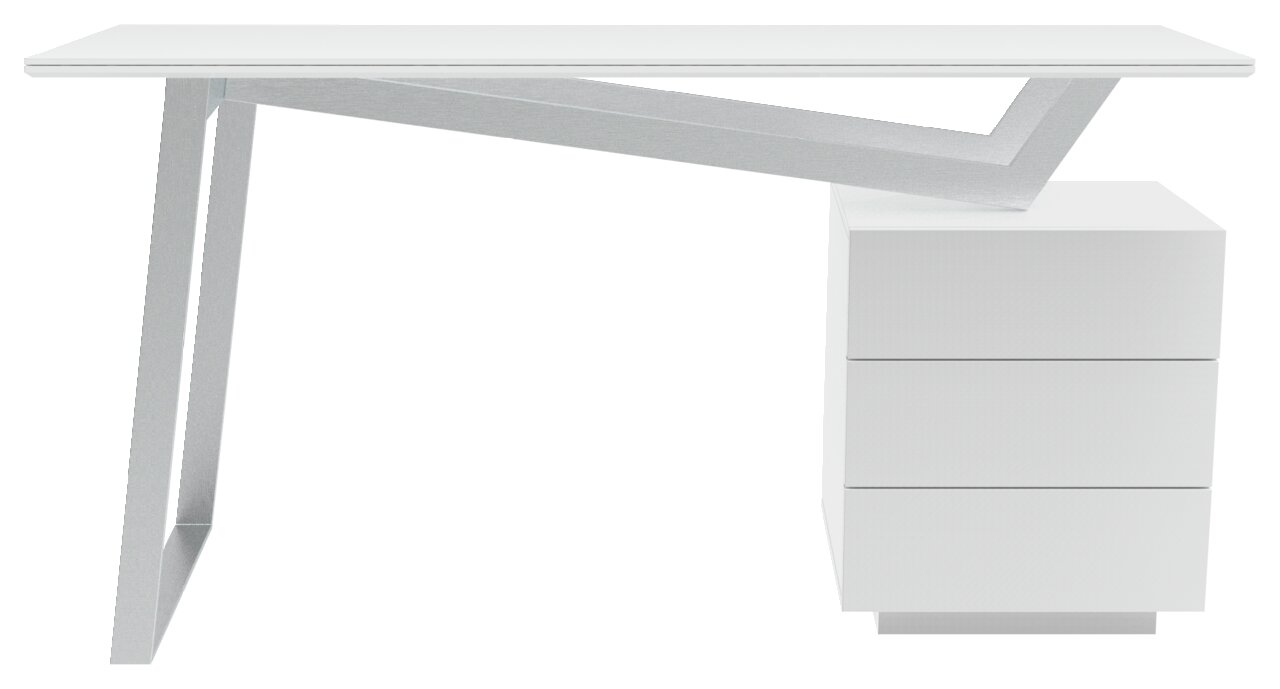 Moderner weißer Schreibtisch mit schrägem Metallgestell und drei Schubladen, Seitenansicht.