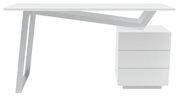 Moderner weißer Schreibtisch mit schrägem Metallgestell und drei Schubladen, Seitenansicht.