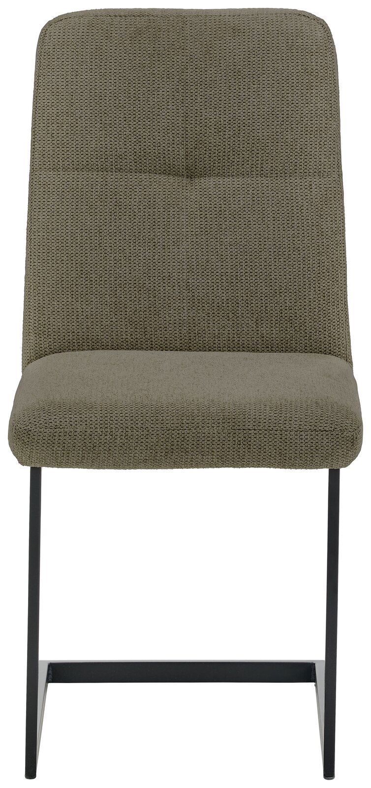 Moderner Schwingstuhl mit olivgrünem Stoffbezug und schwarzem Metallgestell, Frontalansicht