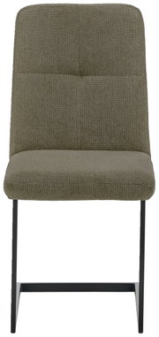 Moderne schommelstoel met olijfgroene stoffen bekleding en zwart metalen frame, vooraanzicht