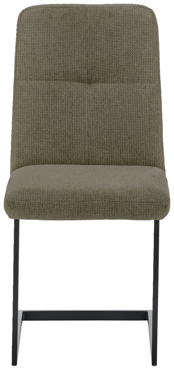 Moderne schommelstoel met olijfgroene stoffen bekleding en zwart metalen frame, vooraanzicht