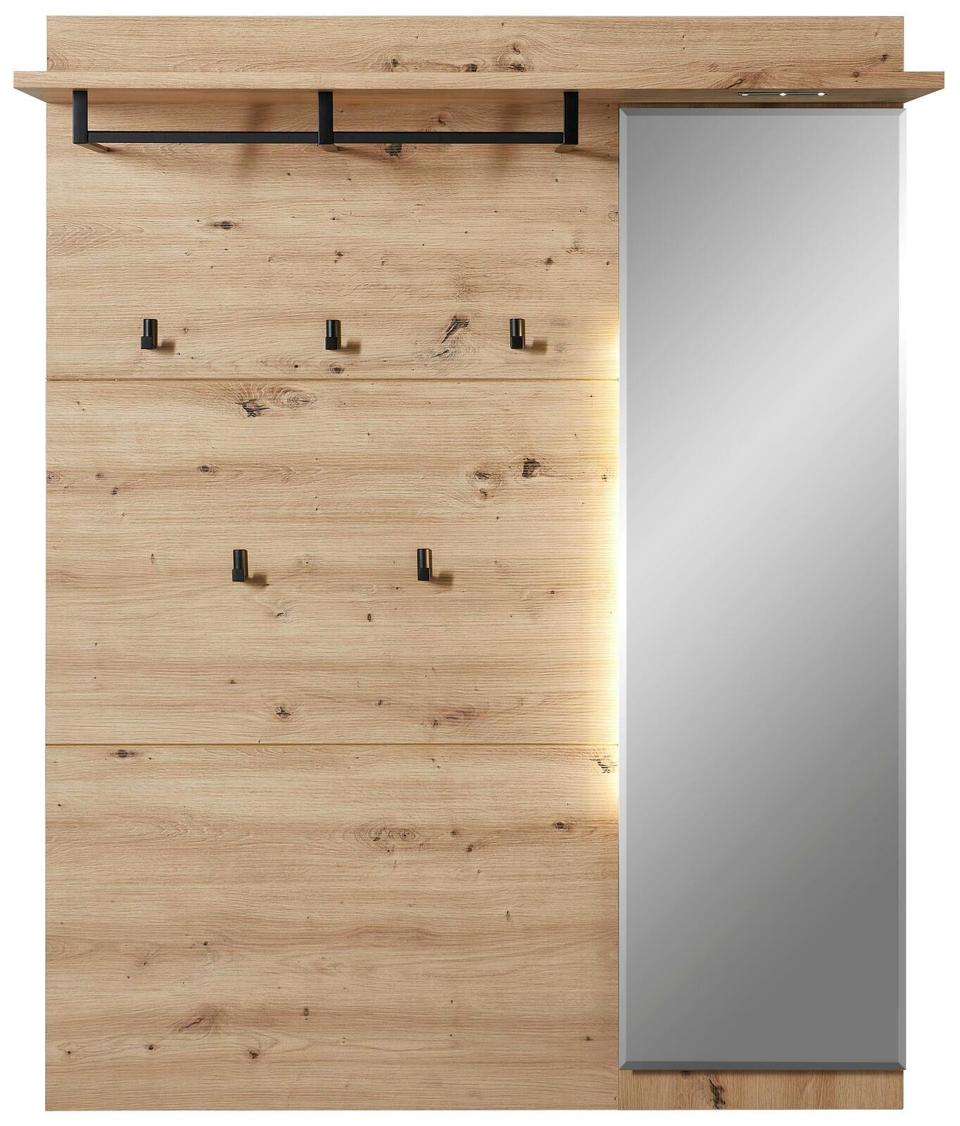 Garderoben-Set aus Holz mit Haken und Spiegel, frontale Ansicht
