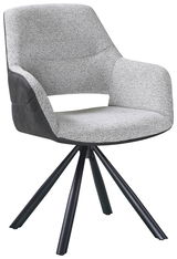 Moderner Armlehnstuhl mit grauem Stoffbezug und schwarzem Gestell, seitliche Perspektive