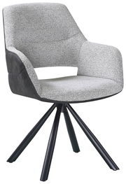 Moderner Armlehnstuhl mit grauem Stoffbezug und schwarzem Gestell, seitliche Perspektive