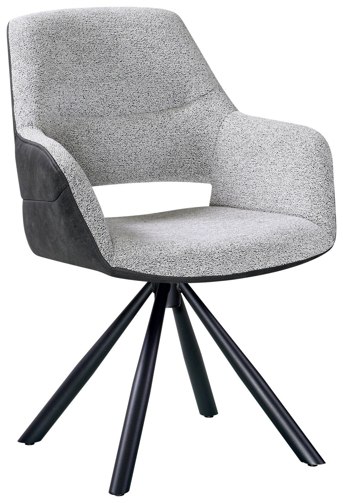 Moderner Armlehnstuhl mit grauem Stoffbezug und schwarzem Gestell, seitliche Perspektive