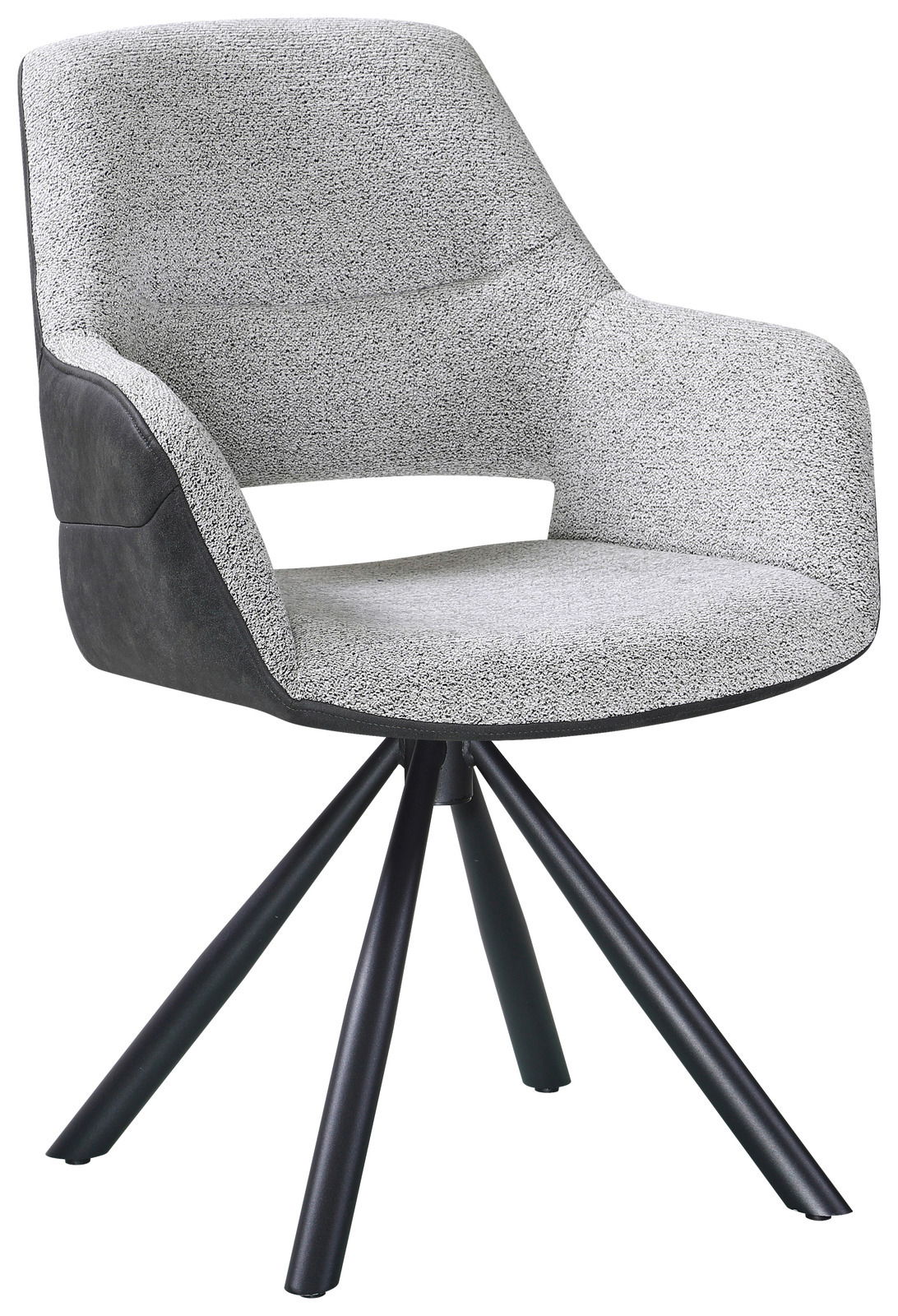 Moderner Armlehnstuhl mit grauem Stoffbezug und schwarzem Gestell, seitliche Perspektive