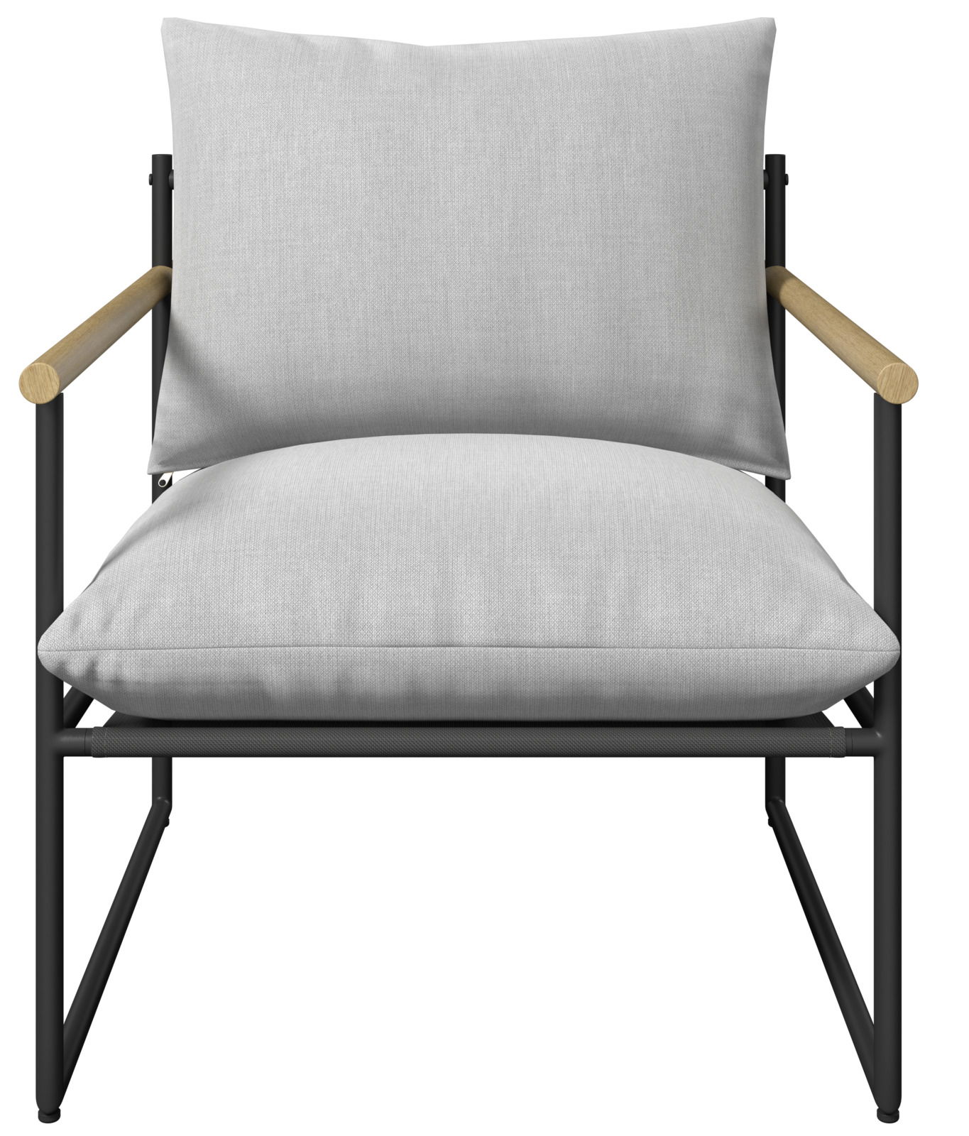 Moderner Gartenstuhl mit hellgrauen Kissen und schwarzen Metallrahmen, Frontalansicht