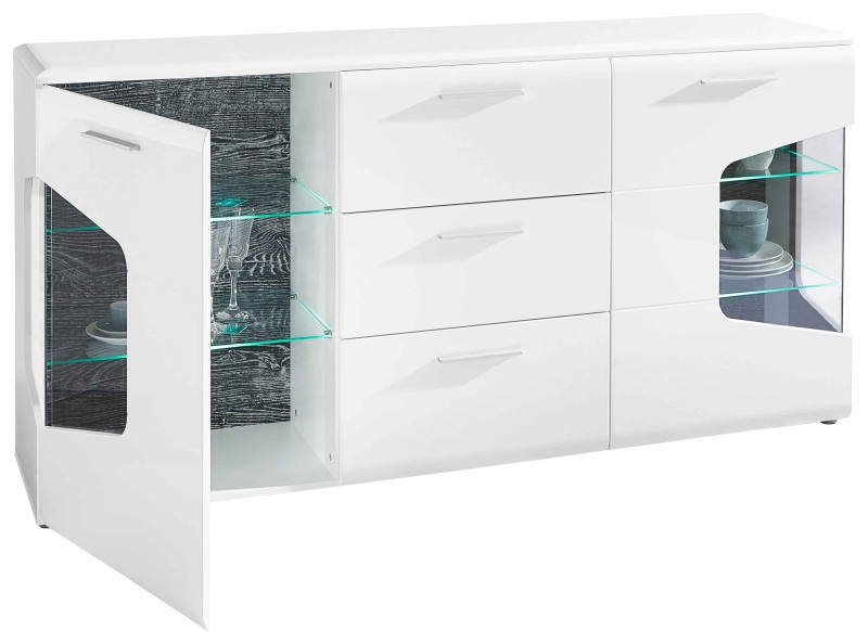 Weißes Sideboard mit drei Schubladen und zwei Glastüren, seitliche Perspektive