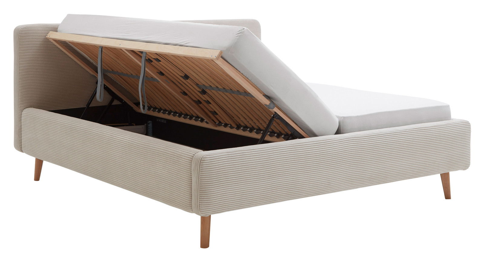Polsterbettgestell mit hochgeklappter Matratze, seitliche Perspektive