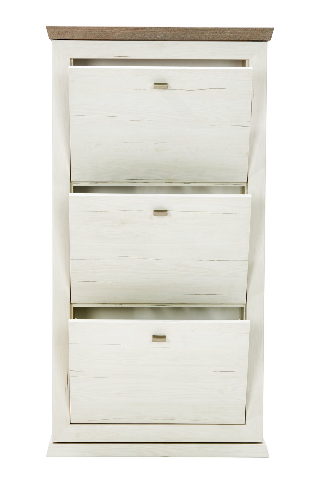 Schuhkipper aus hellem Holz mit drei Klappen, frontale Ansicht