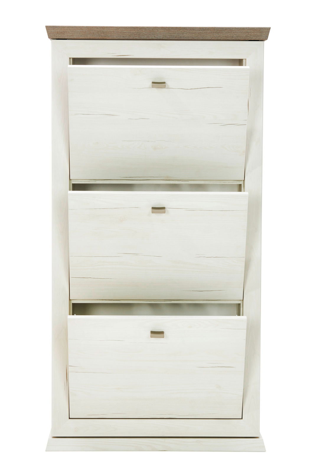 Schuhkipper aus hellem Holz mit drei Klappen, frontale Ansicht