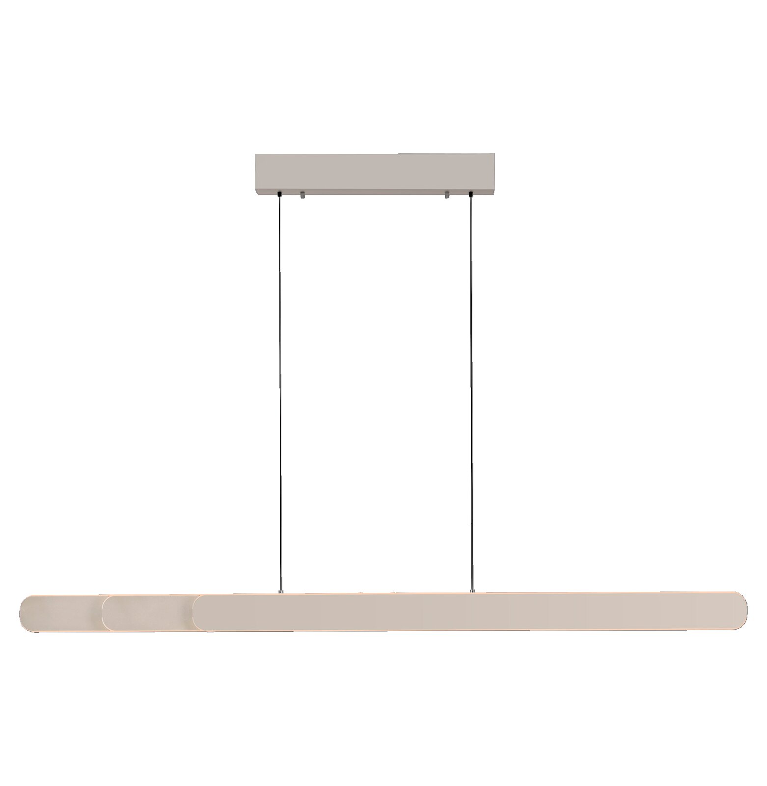 Moderne, längliche LED-Pendelleuchte in Beige/Creme mit abgerundeten Enden und segmentierter Optik, an zwei schwarzen Kabeln von einer rechteckigen Deckenhalterung abgehängt, frontale Ansicht vor grauem Hintergrund.
