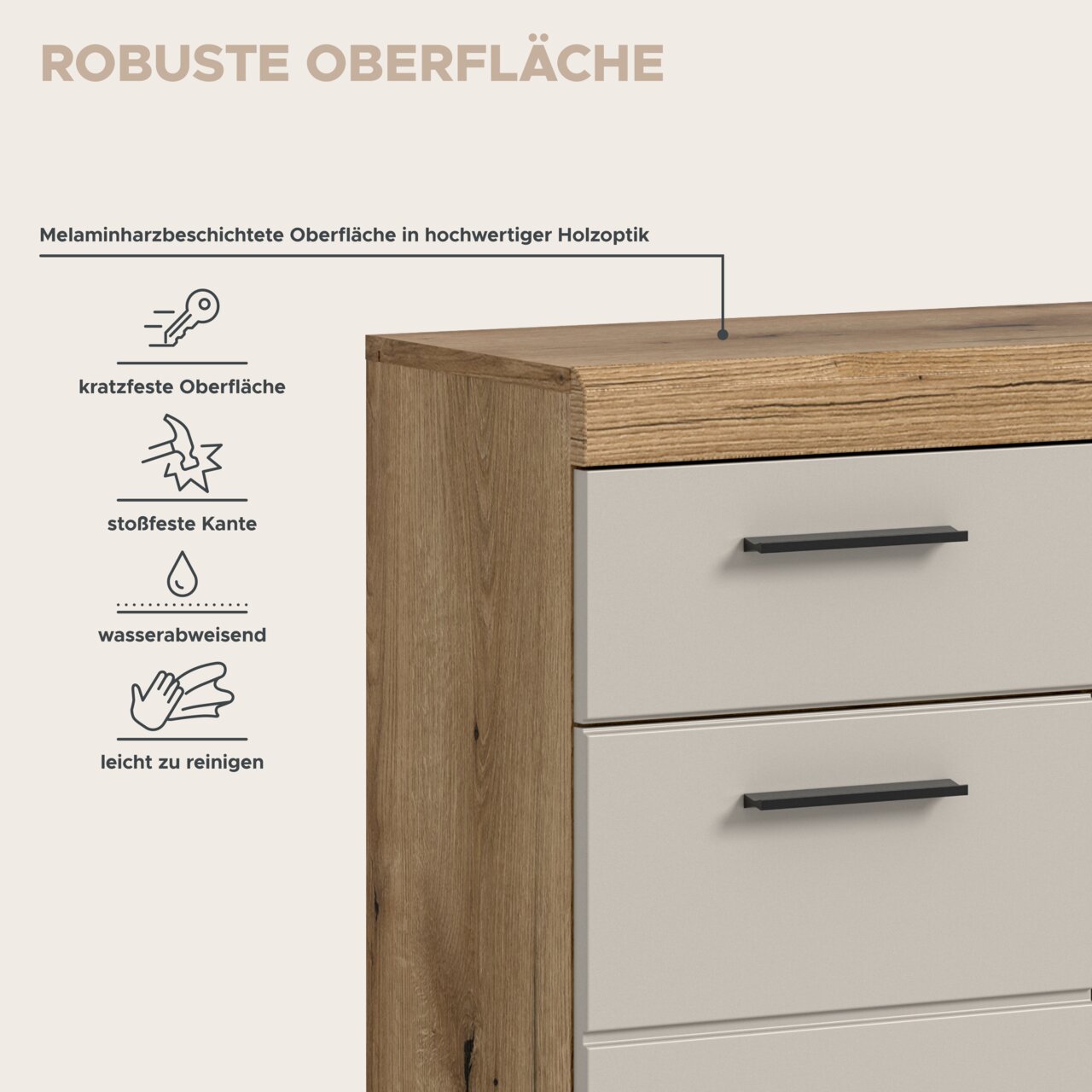 Detailansicht einer Kommode mit melaminharzbeschichteter Holzoptik-Oberfläche, weißen Schubladen und schwarzen Griffen; Perspektive: schräg von vorne oben auf die obere Ecke.