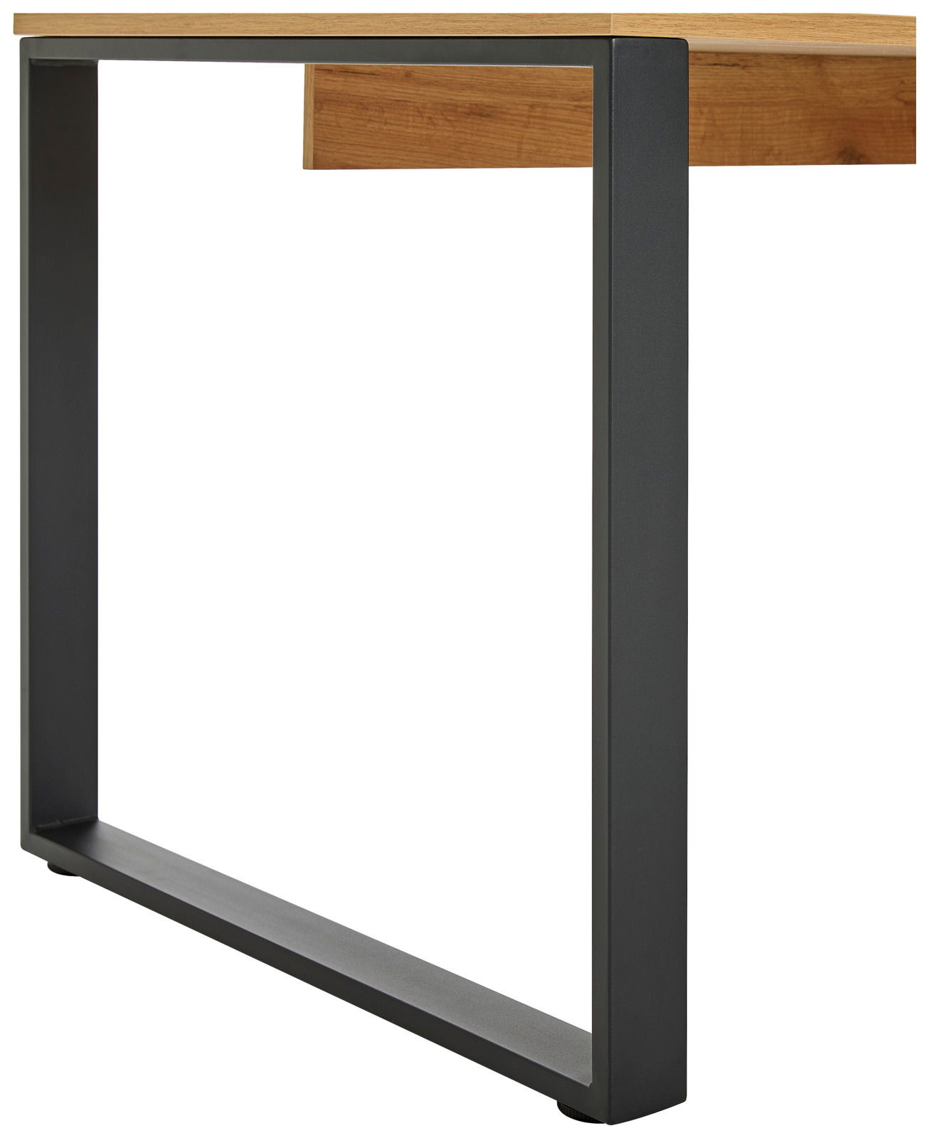 Seitliche Ansicht eines Winkelschreibtischs mit schwarzem Metallrahmen und Holzplatte.