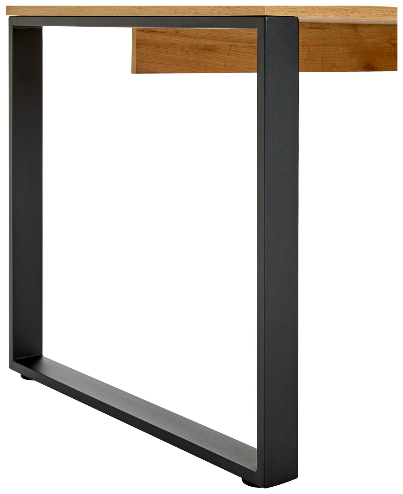 Seitliche Ansicht eines Winkelschreibtischs mit schwarzem Metallrahmen und Holzplatte.