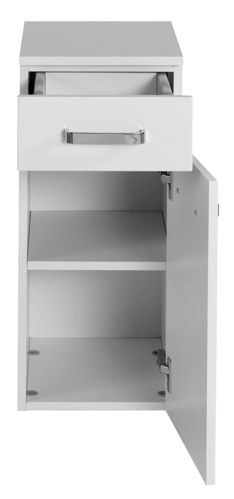 Weißer Unterschrank mit einer offenen Schublade und einer geöffneten Tür, frontal betrachtet.