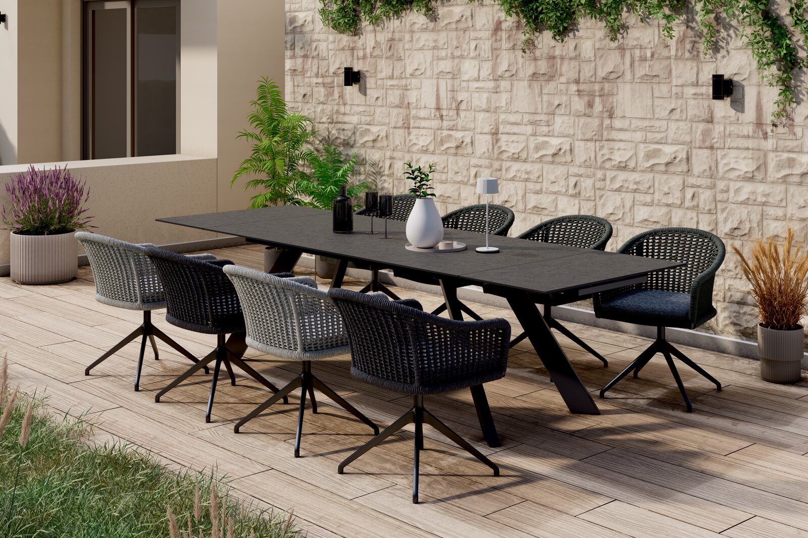 Amatio Armlehnstuhl CIRCLE Moderner Armlehnstuhl auf einer Terrasse, seitliche Perspektive