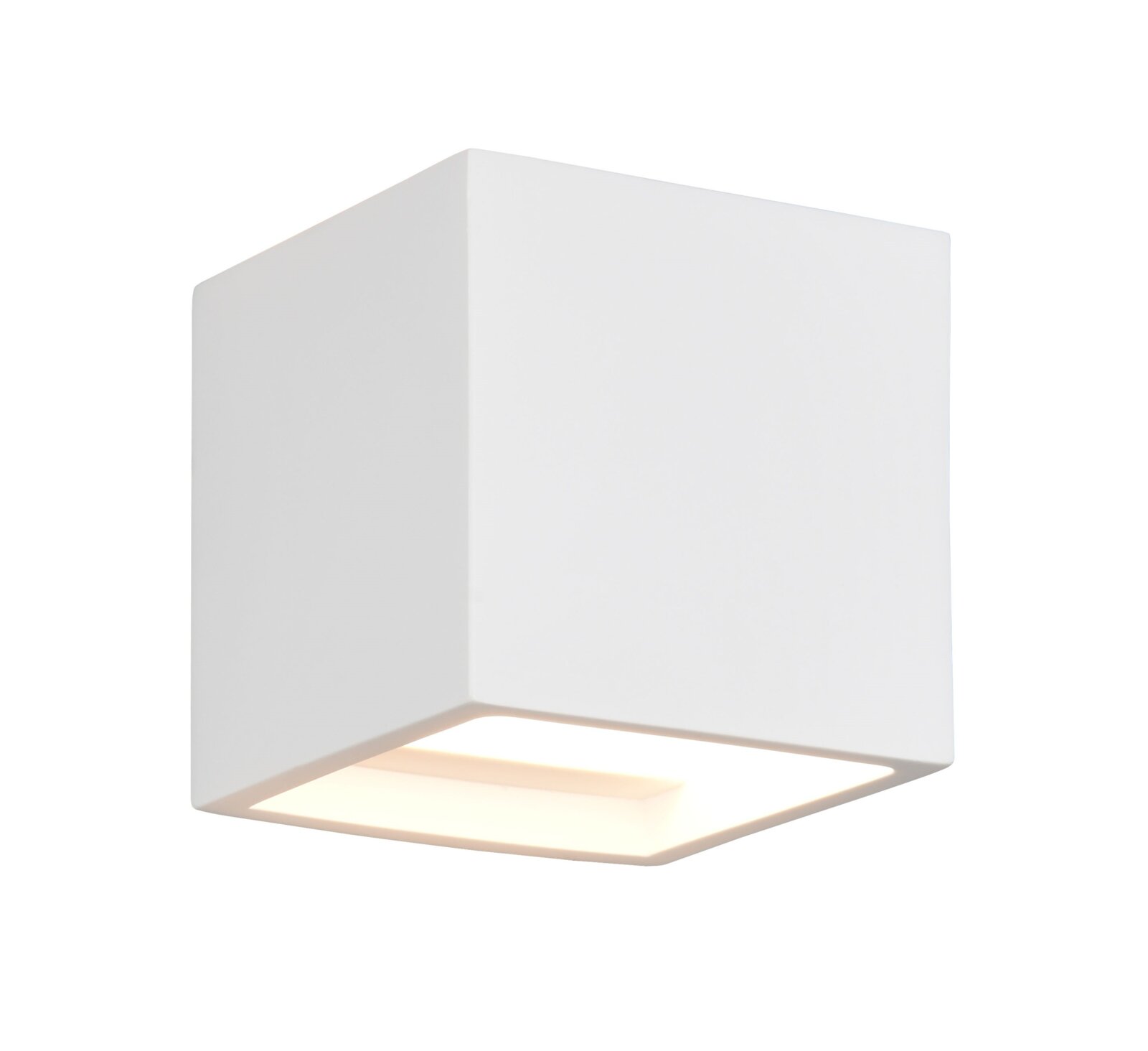 Weiße, kubische LED-Wandleuchte mit nach unten gerichtetem warmweißem Licht, Produktansicht schräg von vorne/unten